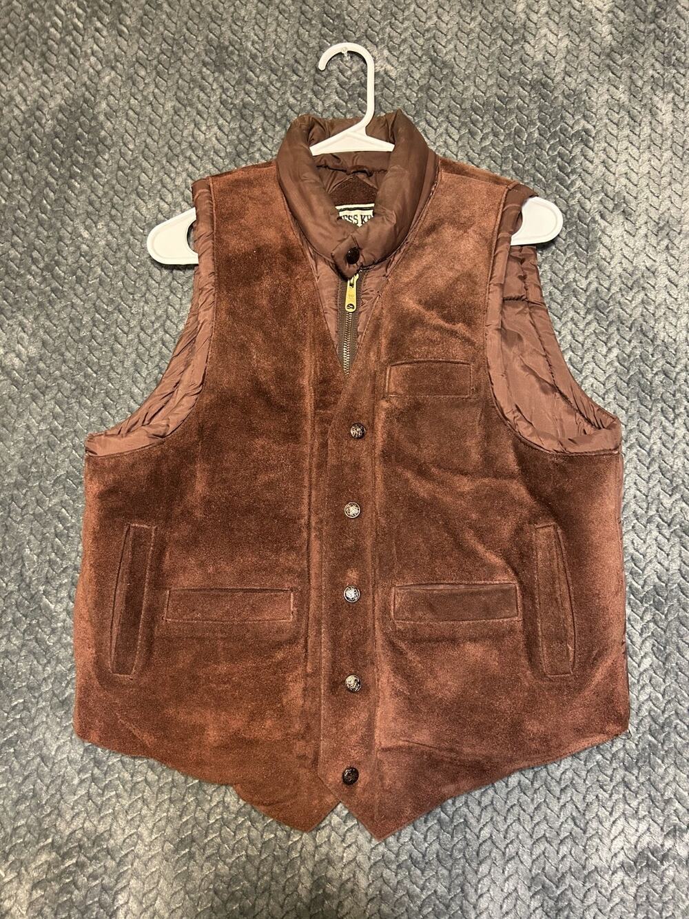Chess King Suede Leather Puffer Vest Mens Large Brown Classic Snap Full Zip